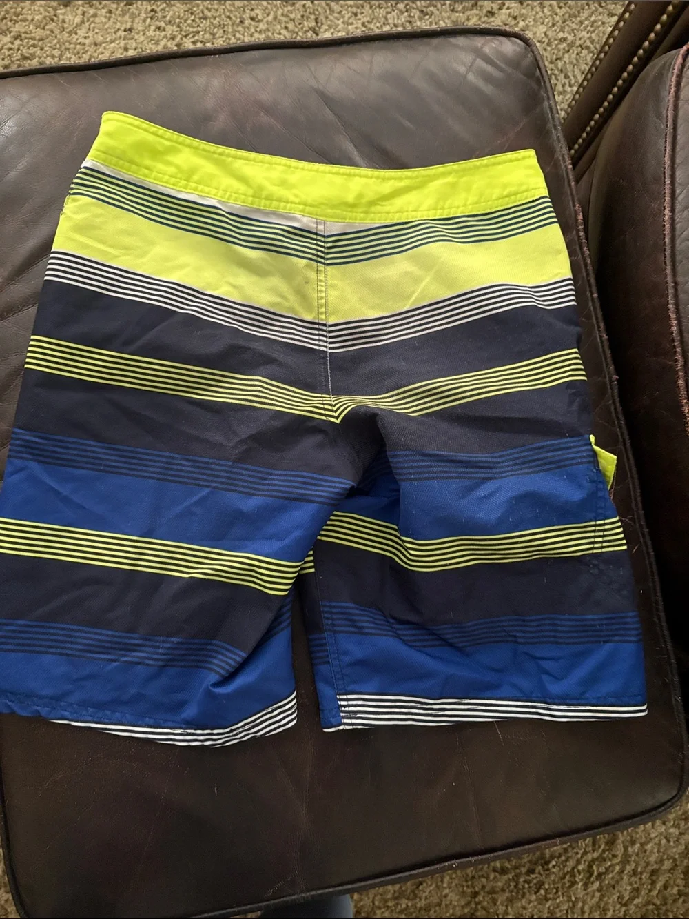 Nike Boys Neon Yellow Navy Blue Striped Swim Trunks